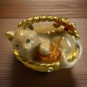 Estee Lauder Solid Perfume Compact Cat Kitten in Basket "Beautiful" 1997 Vtg